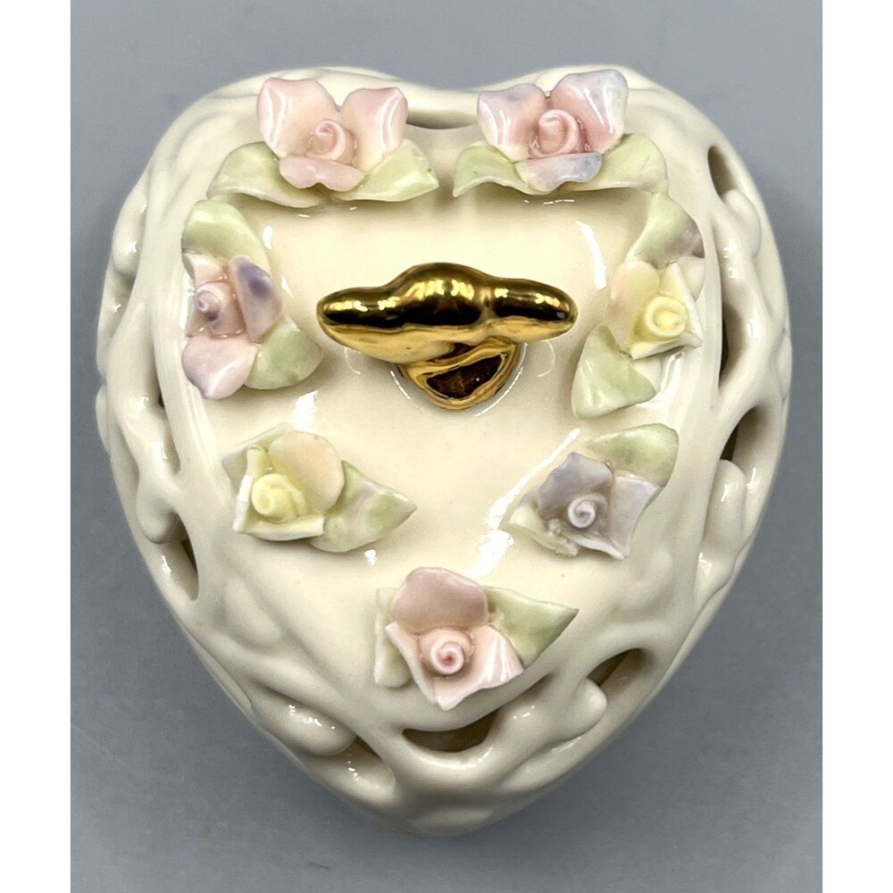 Lenox Heart Shaped Pierced Porcelain Trinket Box Pastel Floral Gold Handle 2"